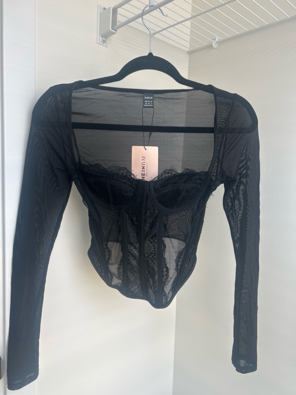 SHEIN Black Sheer Lace Long-Sleeve Corset Crop Top